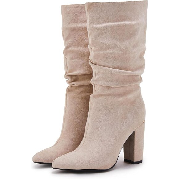 Women's Nude Suede Mid Calf High Slouchy Chunky Heel Block Pointed Toe Boots - Picture 5 of 5